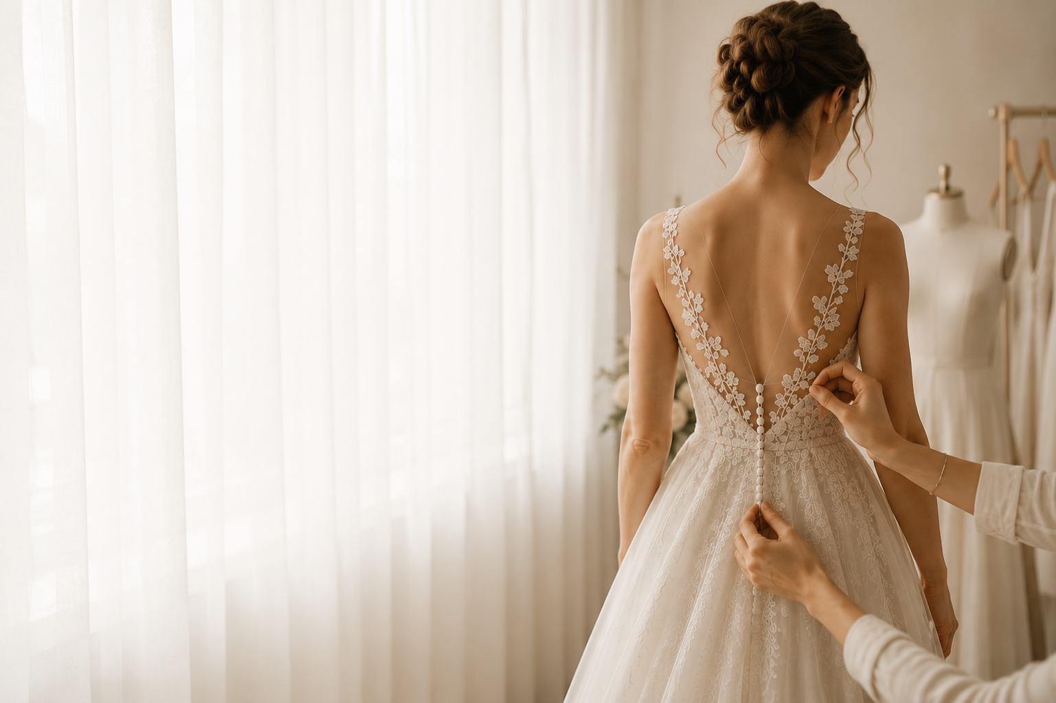 Bride wearing a custom wedding dress
